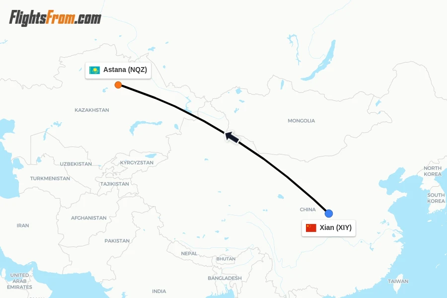 Flights from Xian to Astana route map
