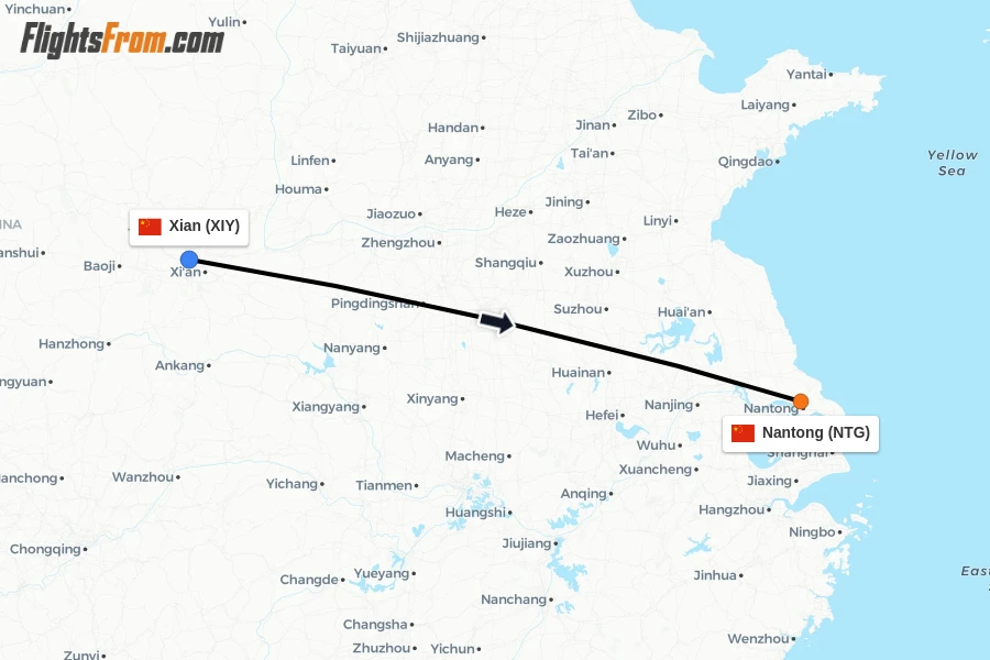 Flights from Xian to Nantong route map