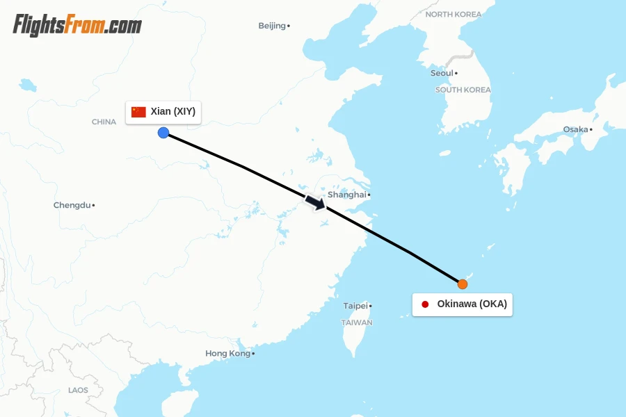 Flights from Xian to Okinawa route map