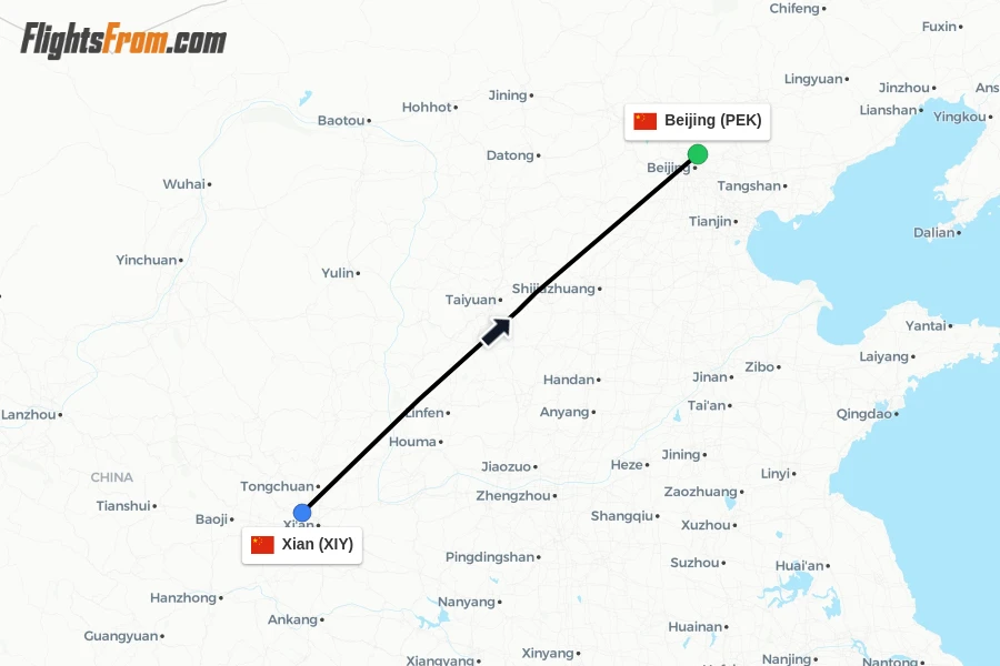 Flights from Xian to Beijing route map