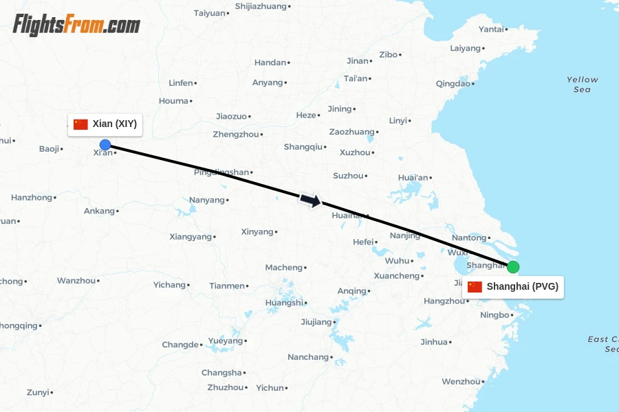 Flights from Xian to Shanghai route map