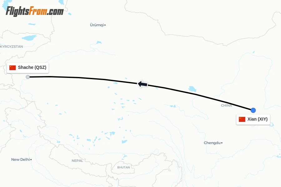 Flights from Xian to Shache route map