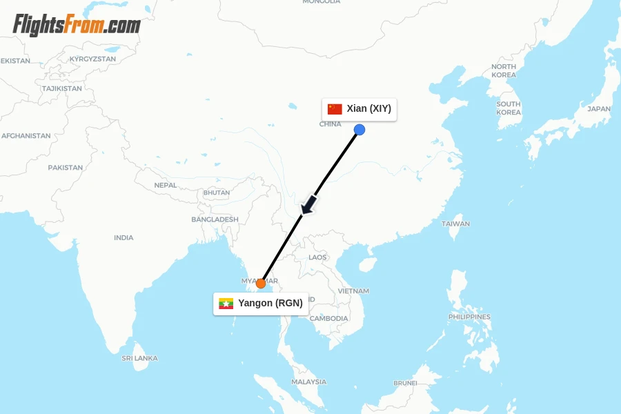 Flights from Xian to Yangon route map