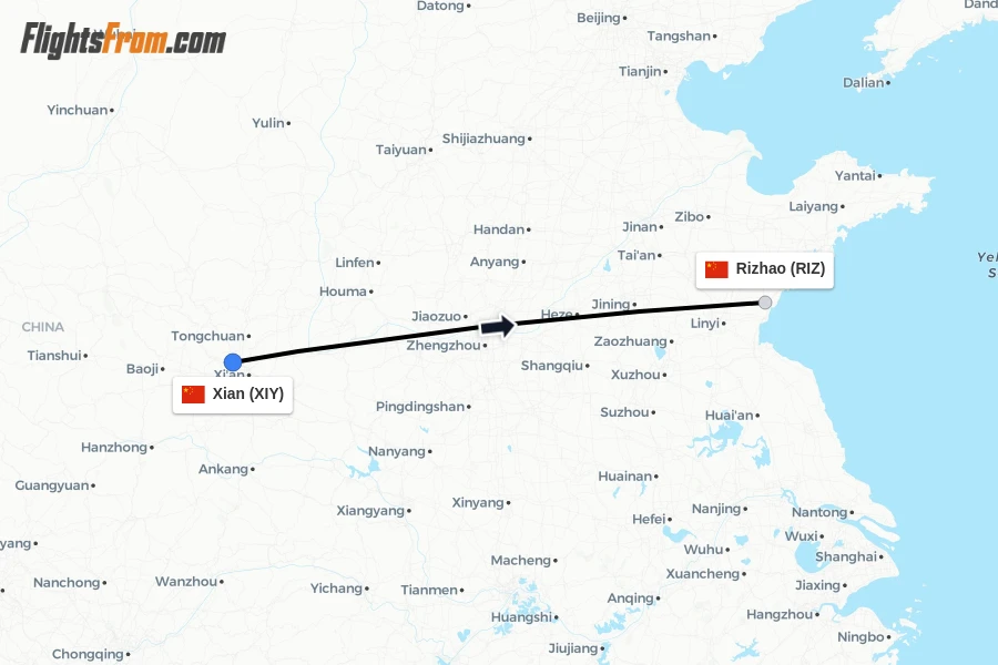 Flights from Xian to Rizhao route map