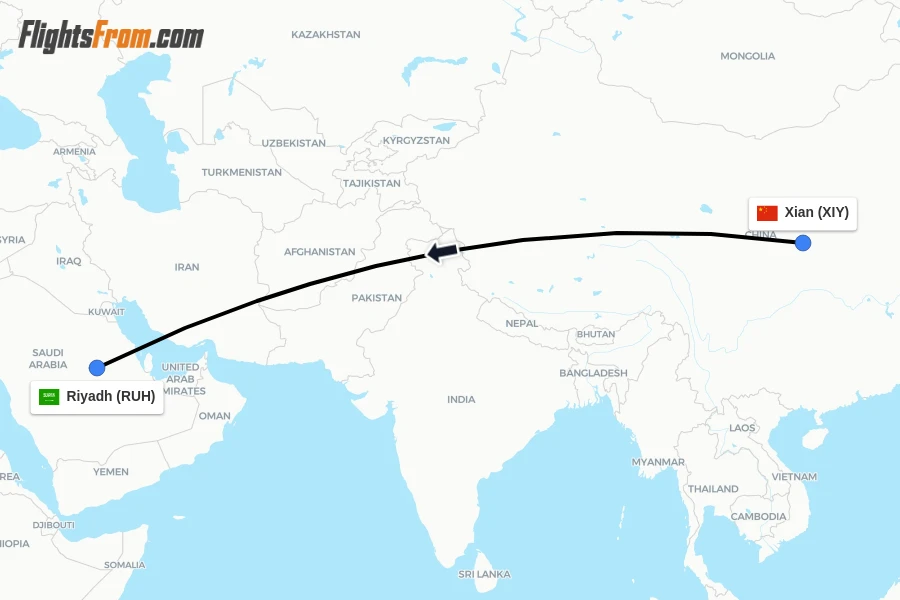 Flights from Xian to Riyadh route map