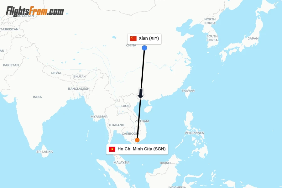 Flights from Xian to Ho Chi Minh City route map