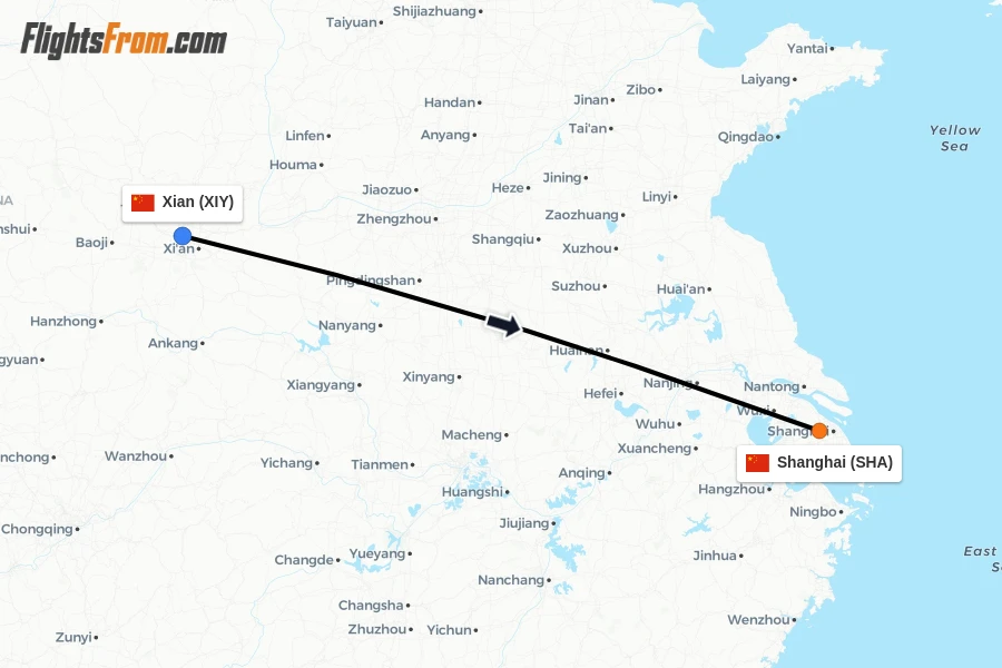 Flights from Xian to Shanghai route map