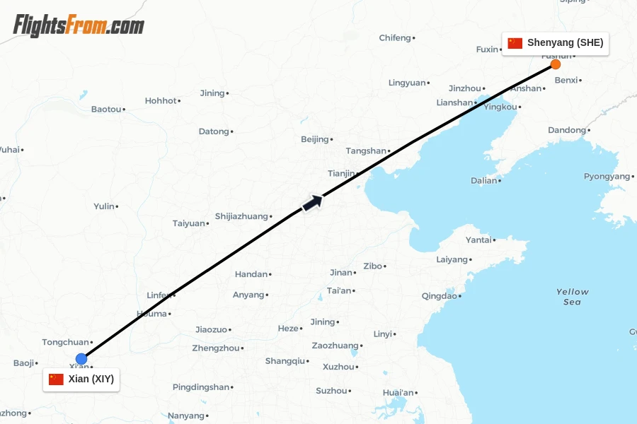Flights from Xian to Shenyang route map