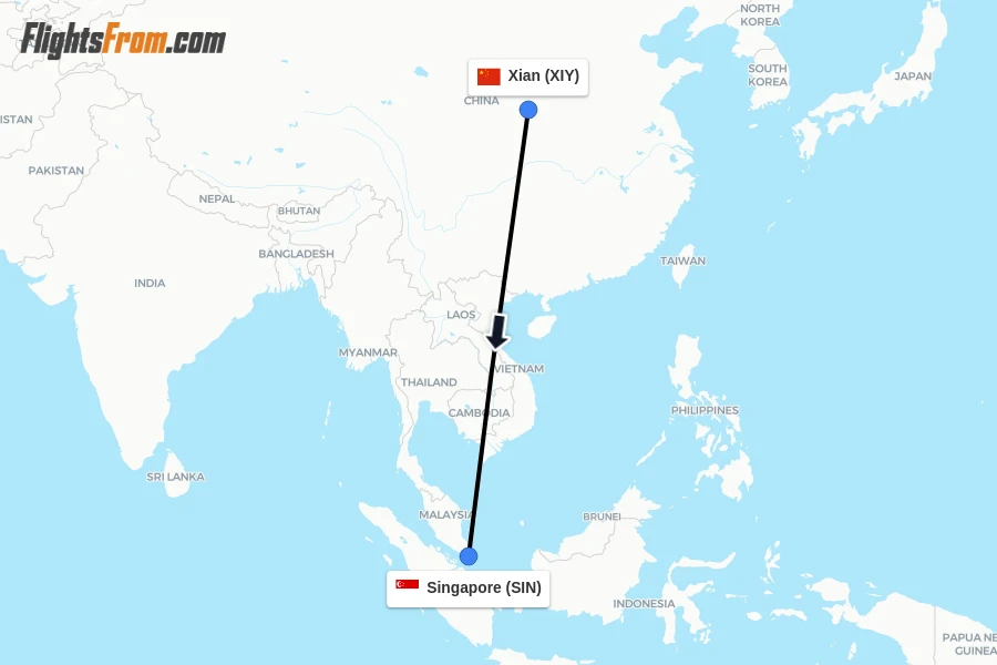 Flights from Xian to Singapore route map