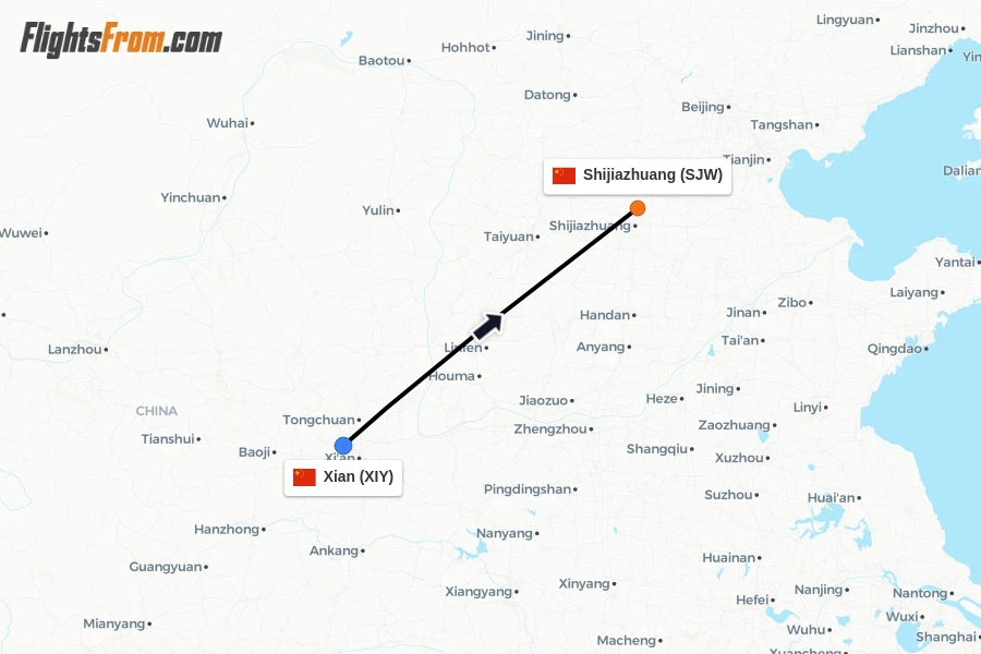 Flights from Xian to Shijiazhuang route map