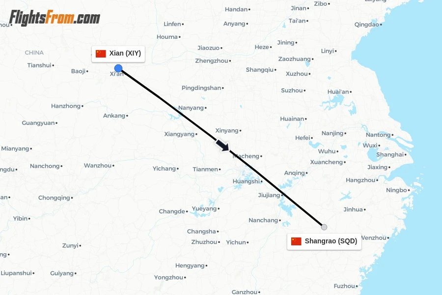 Flights from Xian to Shangrao route map