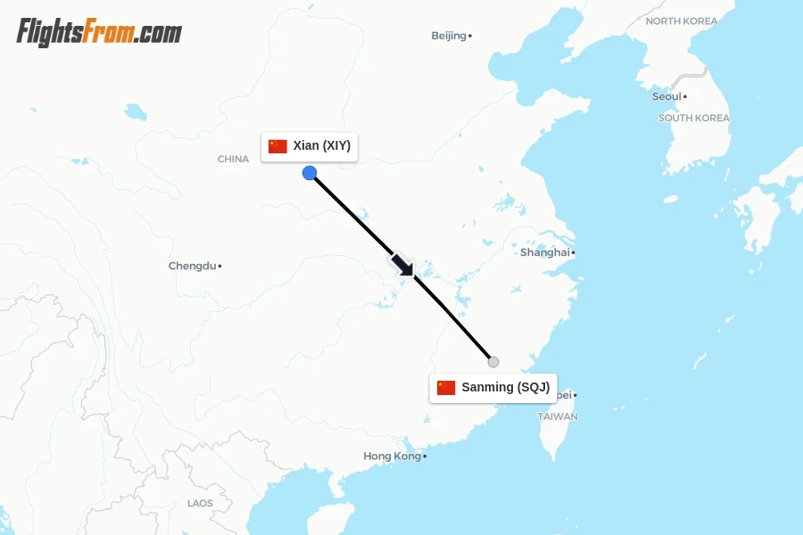 Flights from Xian to Sanming route map
