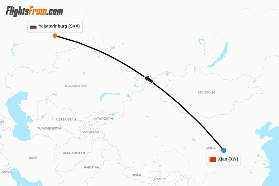 Flights from Xian to Yekaterinburg route map