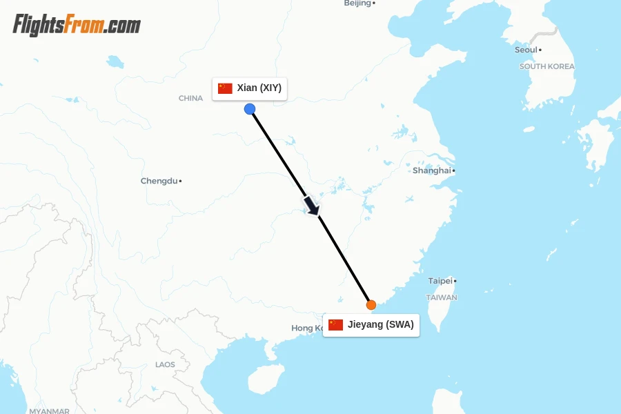 Flights from Xian to Jieyang route map