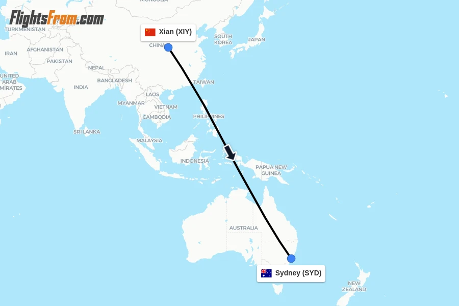 Flights from Xian to Sydney route map