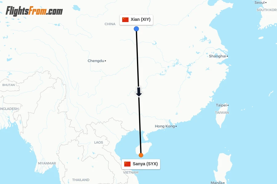 Flights from Xian to Sanya route map