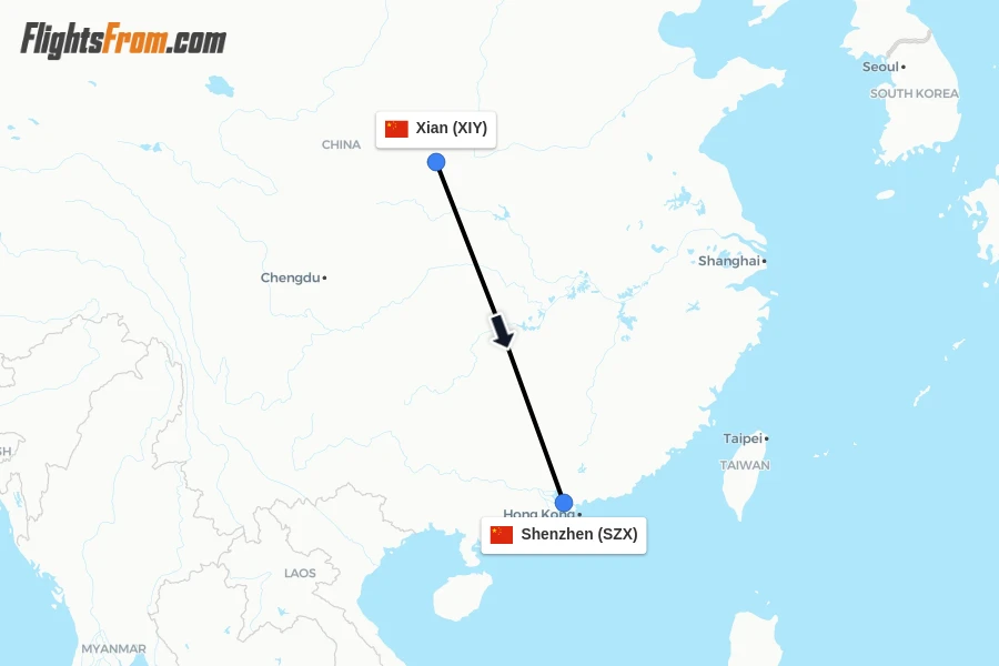 Flights from Xian to Shenzhen route map