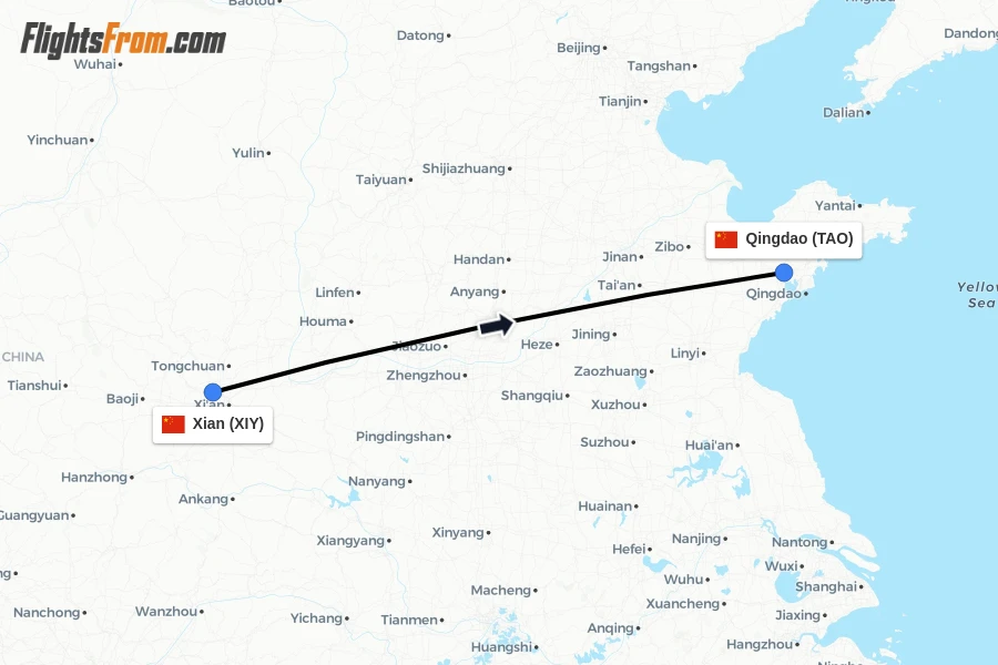 Flights from Xian to Qingdao route map