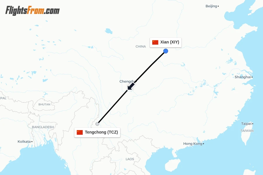 Flights from Xian to Tengchong route map