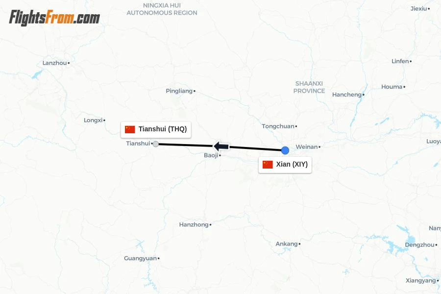 Flights from Xian to Tianshui route map