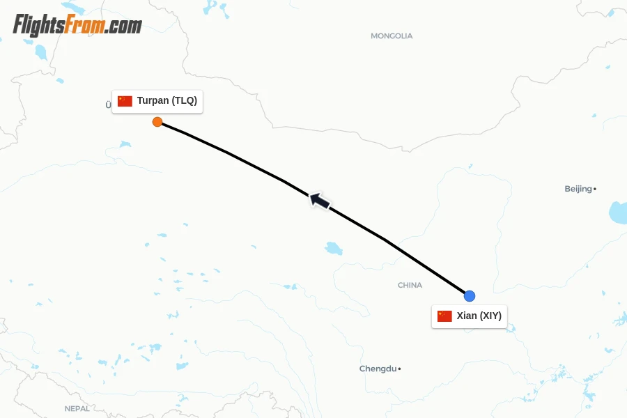 Flights from Xian to Turpan route map