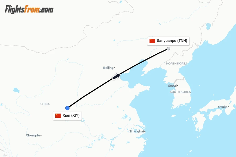 Flights from Xian to Sanyuanpu route map
