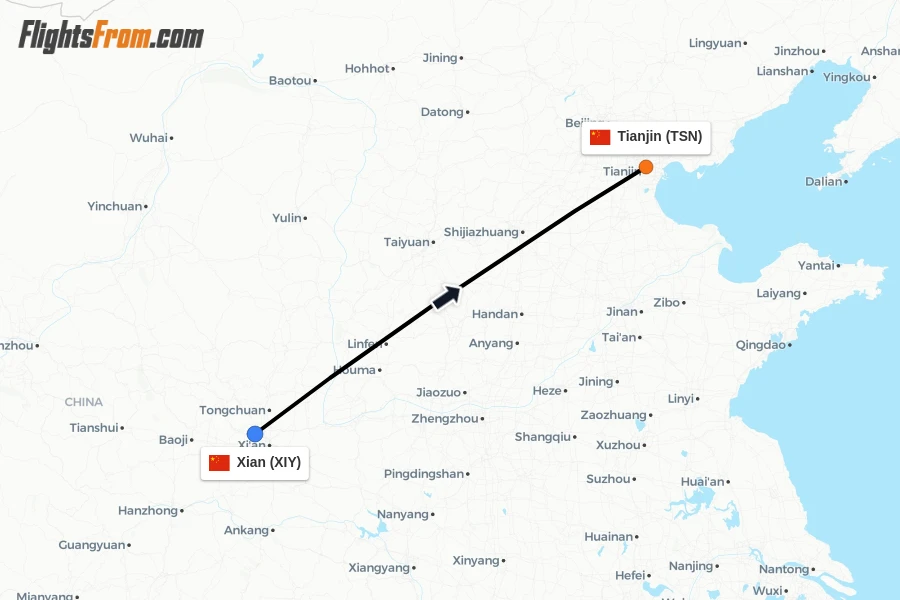 Flights from Xian to Tianjin route map