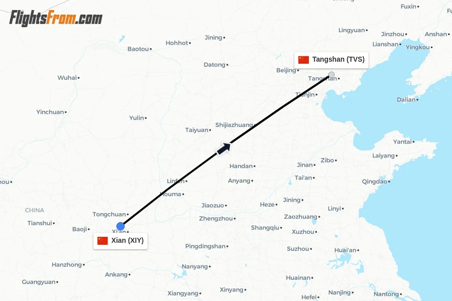 Flights from Xian to Tangshan route map