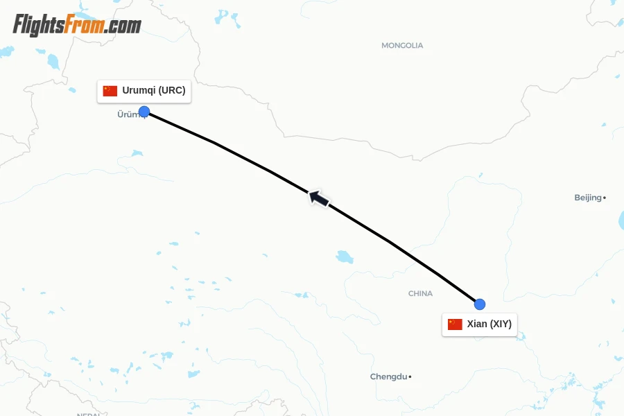 Flights from Xian to Urumqi route map
