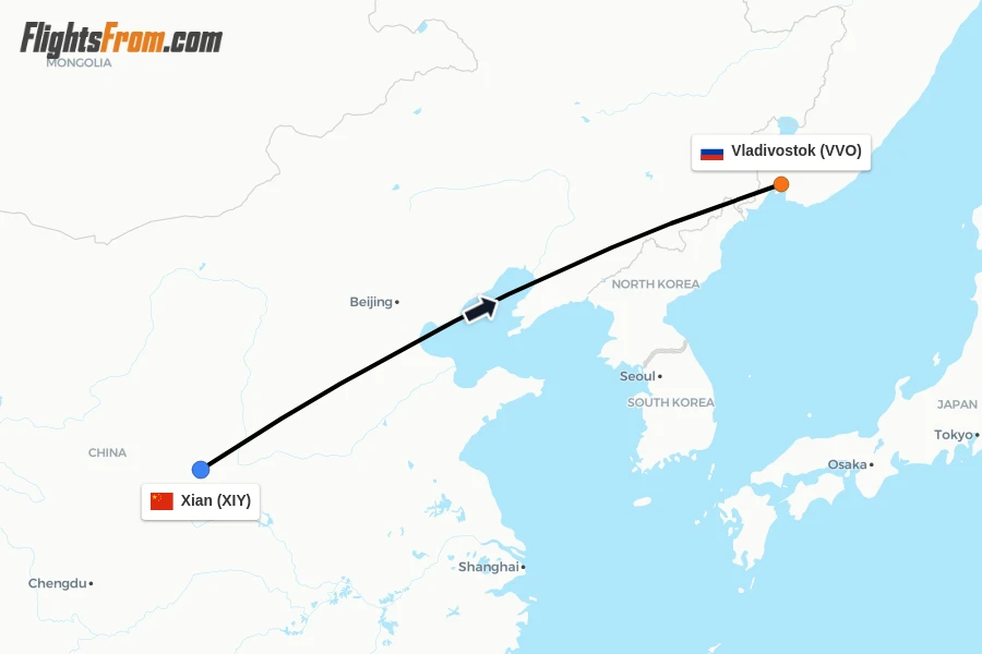 Flights from Xian to Vladivostok route map