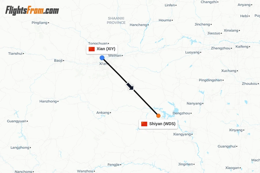 Flights from Xian to Shiyan route map