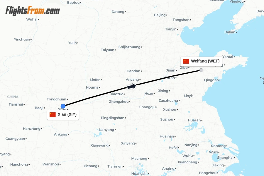 Flights from Xian to Weifang route map