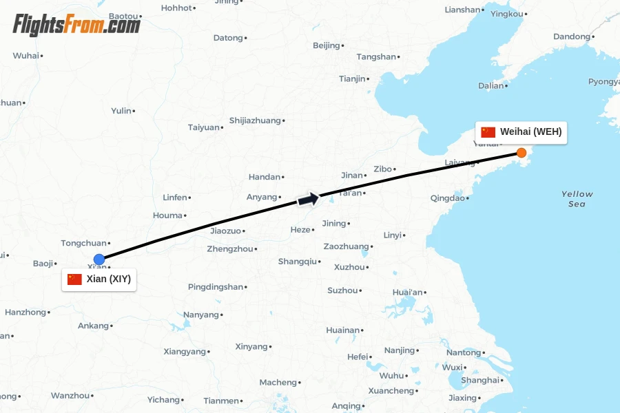 Flights from Xian to Weihai route map