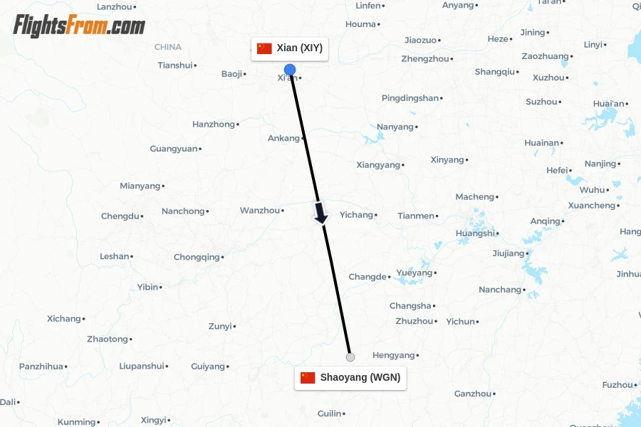 Flights from Xian to Shaoyang route map