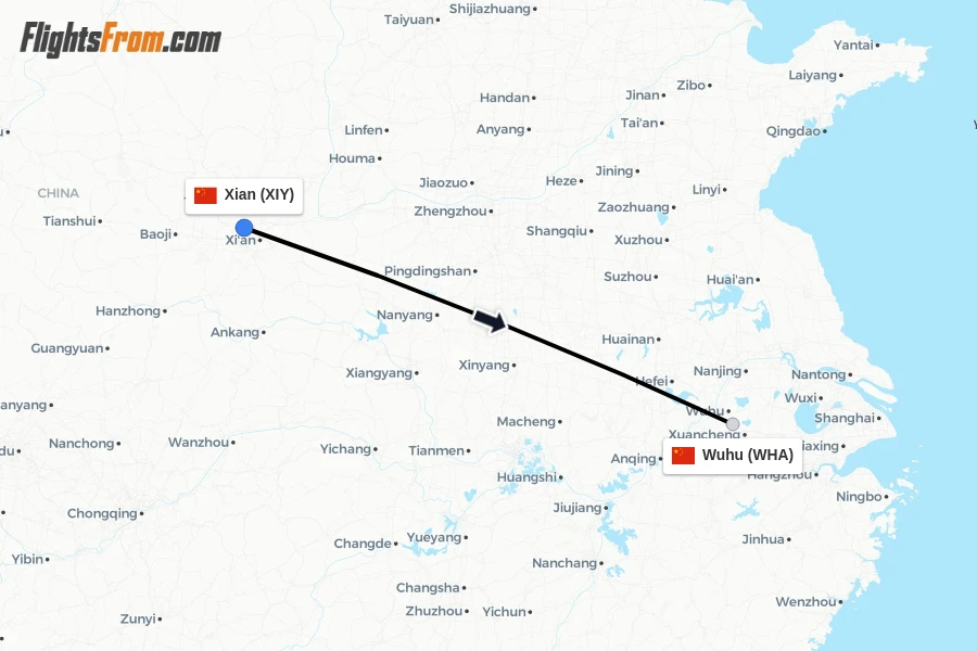 Flights from Xian to Wuhu route map