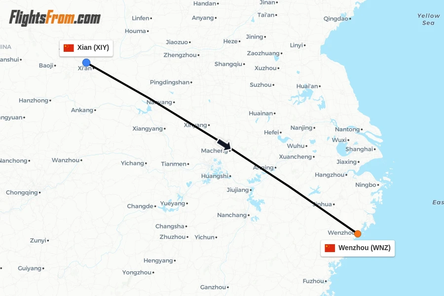 Flights from Xian to Wenzhou route map
