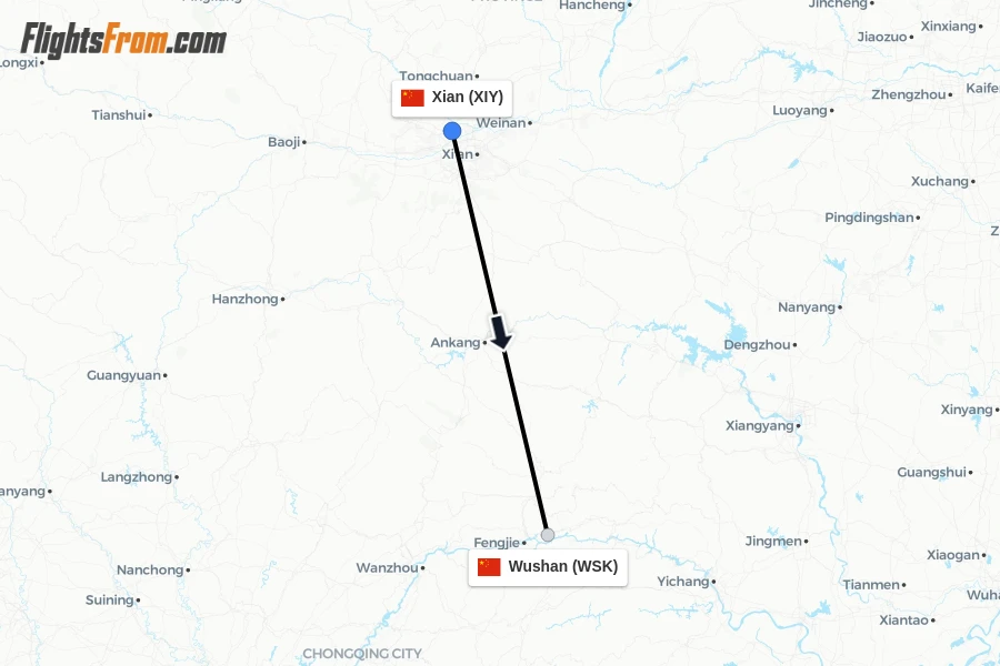 Flights from Xian to Wushan route map