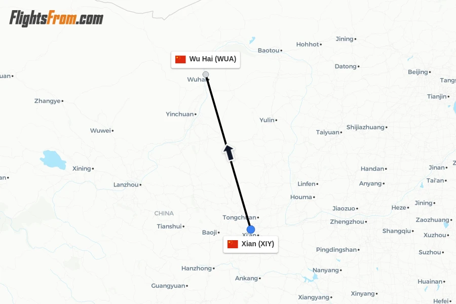 Flights from Xian to Wu Hai route map