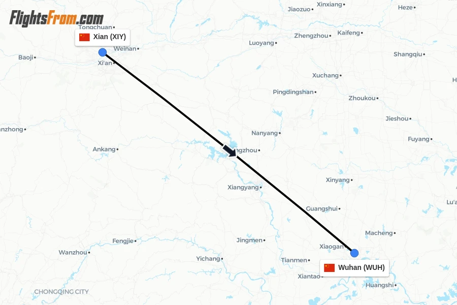Flights from Xian to Wuhan route map