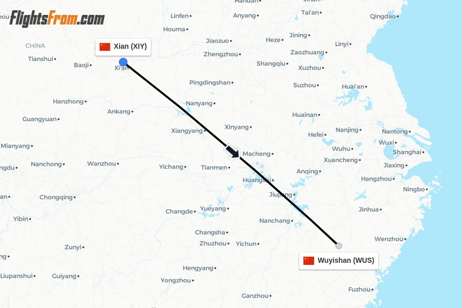 Flights from Xian to Wuyishan route map