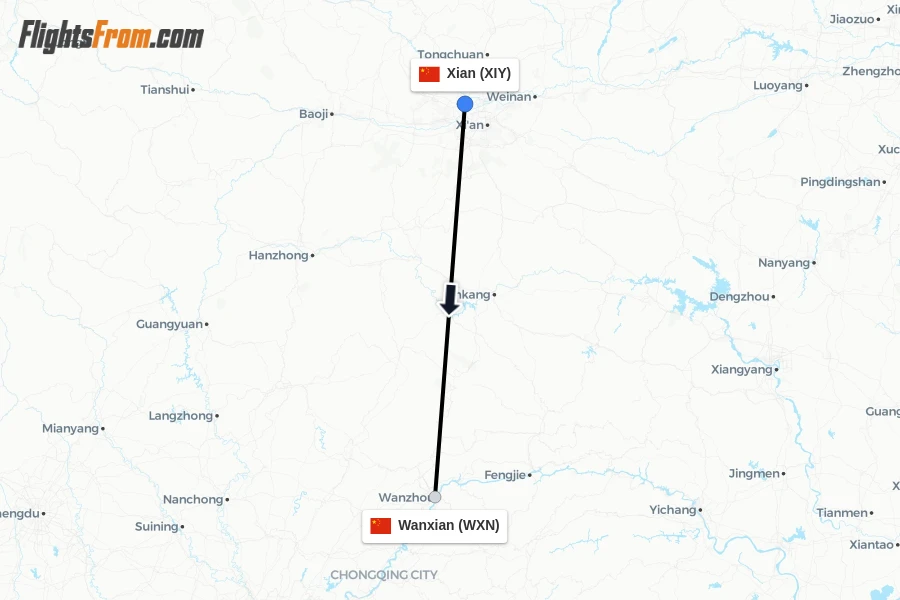 Flights from Xian to Wanxian route map