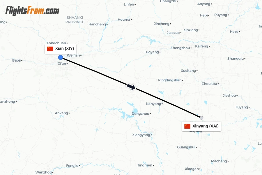 Flights from Xian to Xinyang route map