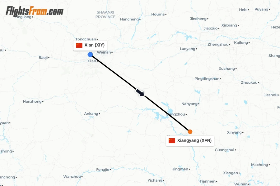 Flights from Xian to Xiangyang route map