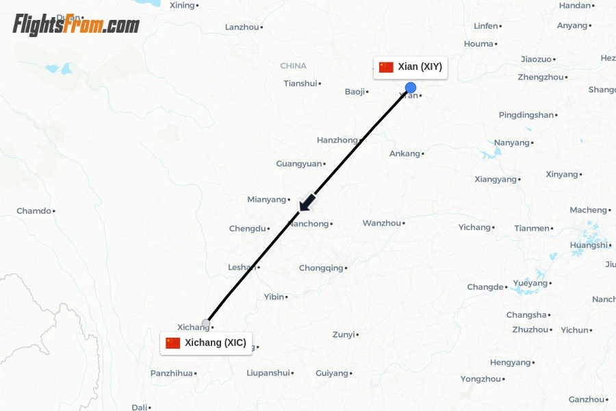Flights from Xian to Xichang route map