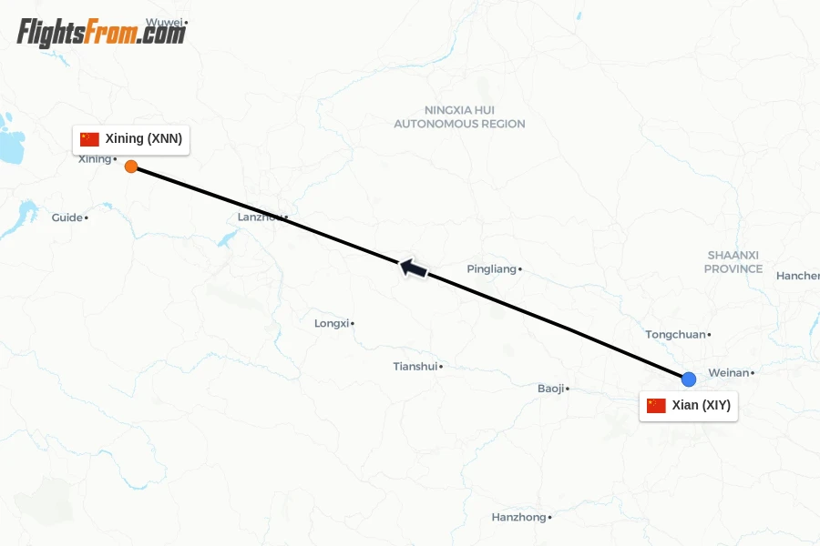 Flights from Xian to Xining route map
