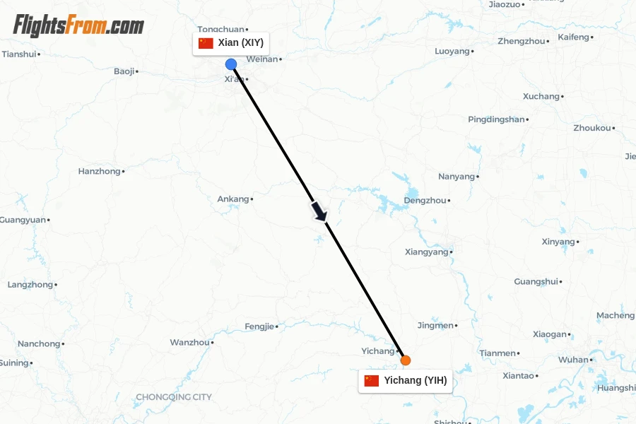Flights from Xian to Yichang route map
