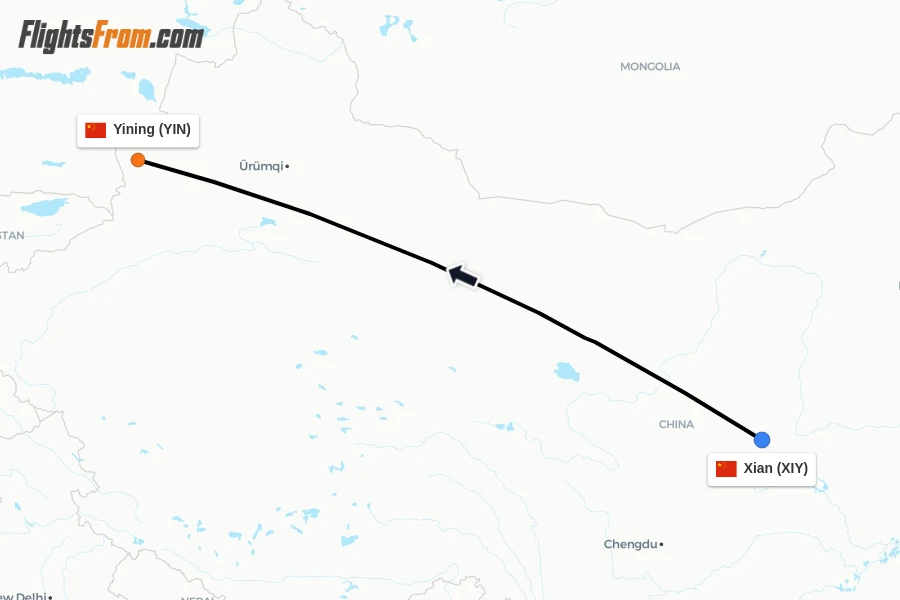 Flights from Xian to Yining route map