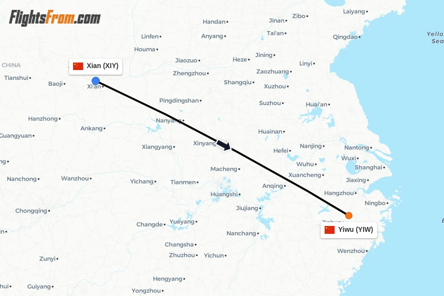 Flights from Xian to Yiwu route map