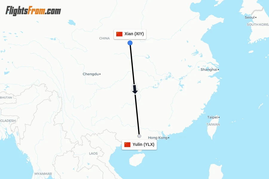 Flights from Xian to Yulin route map