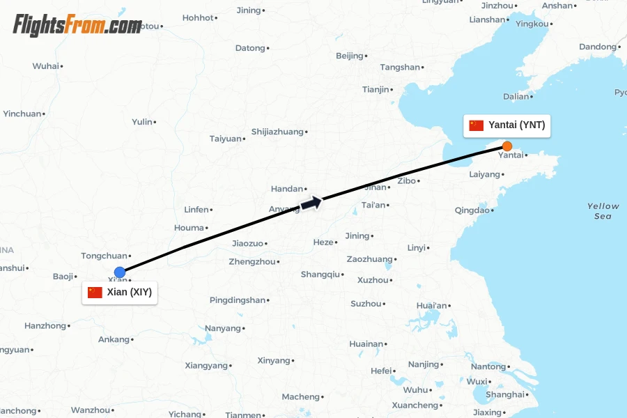 Flights from Xian to Yantai route map